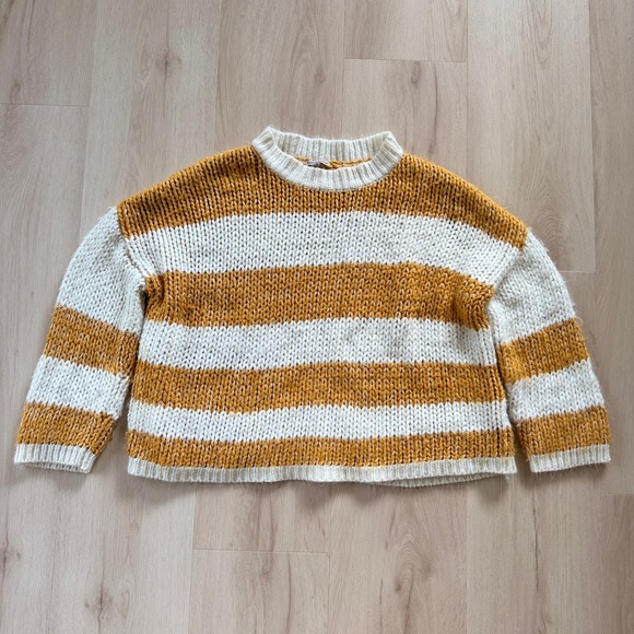 Best Mountain Sweater Striped Chunky Knit Crewneck Mustard White U Cozy Fall - Picture 1 of 11